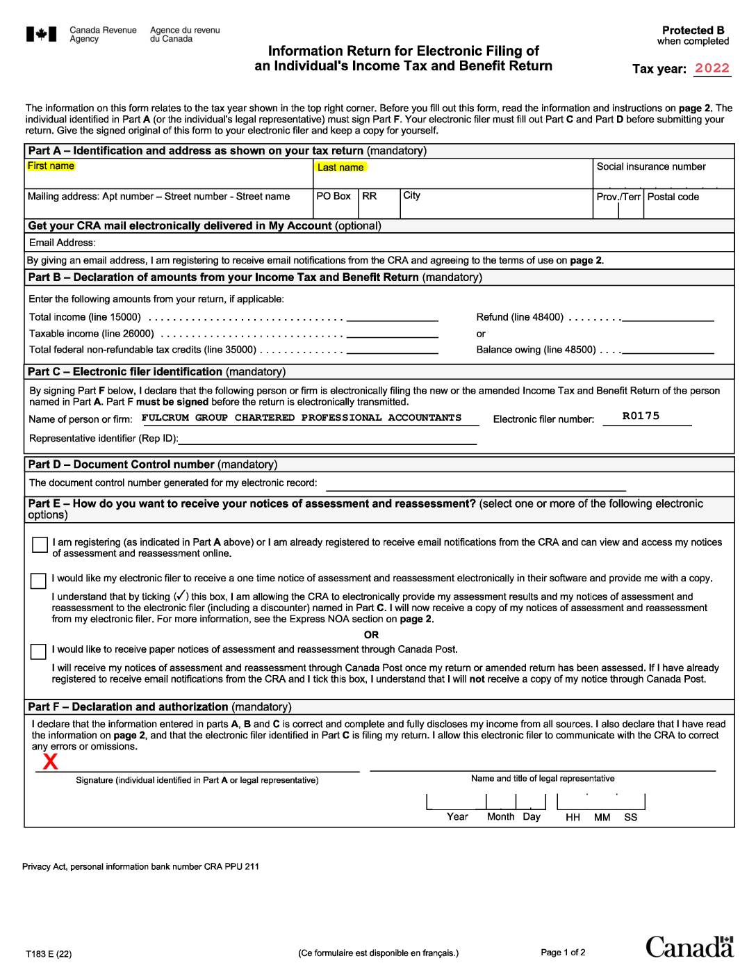 T183 E-File Authorization Form
