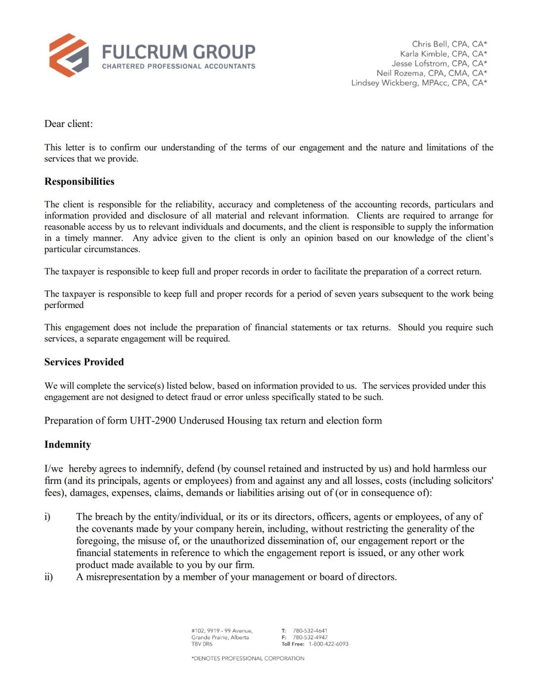 UHT Engagement Letter